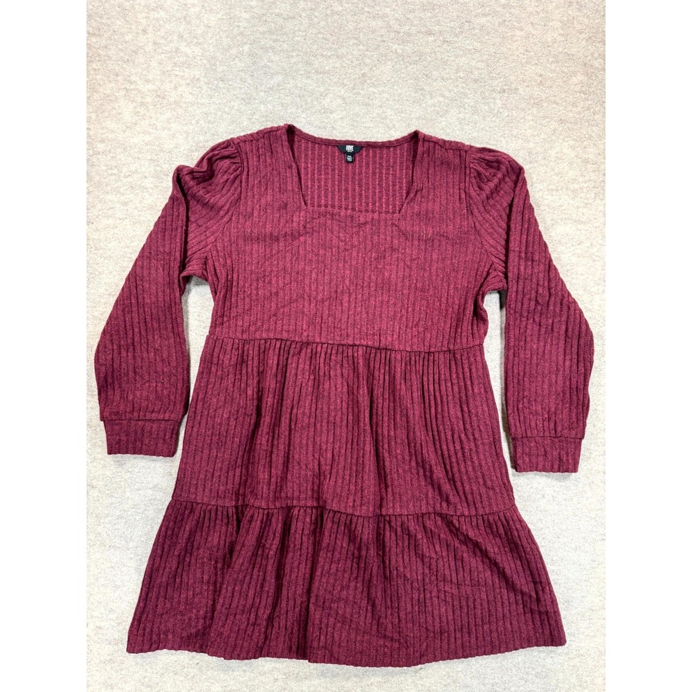 Frye Tiered Mini Dress Womens 2XL Burgundy Ribbed Knit Square Neck Long Sleeve